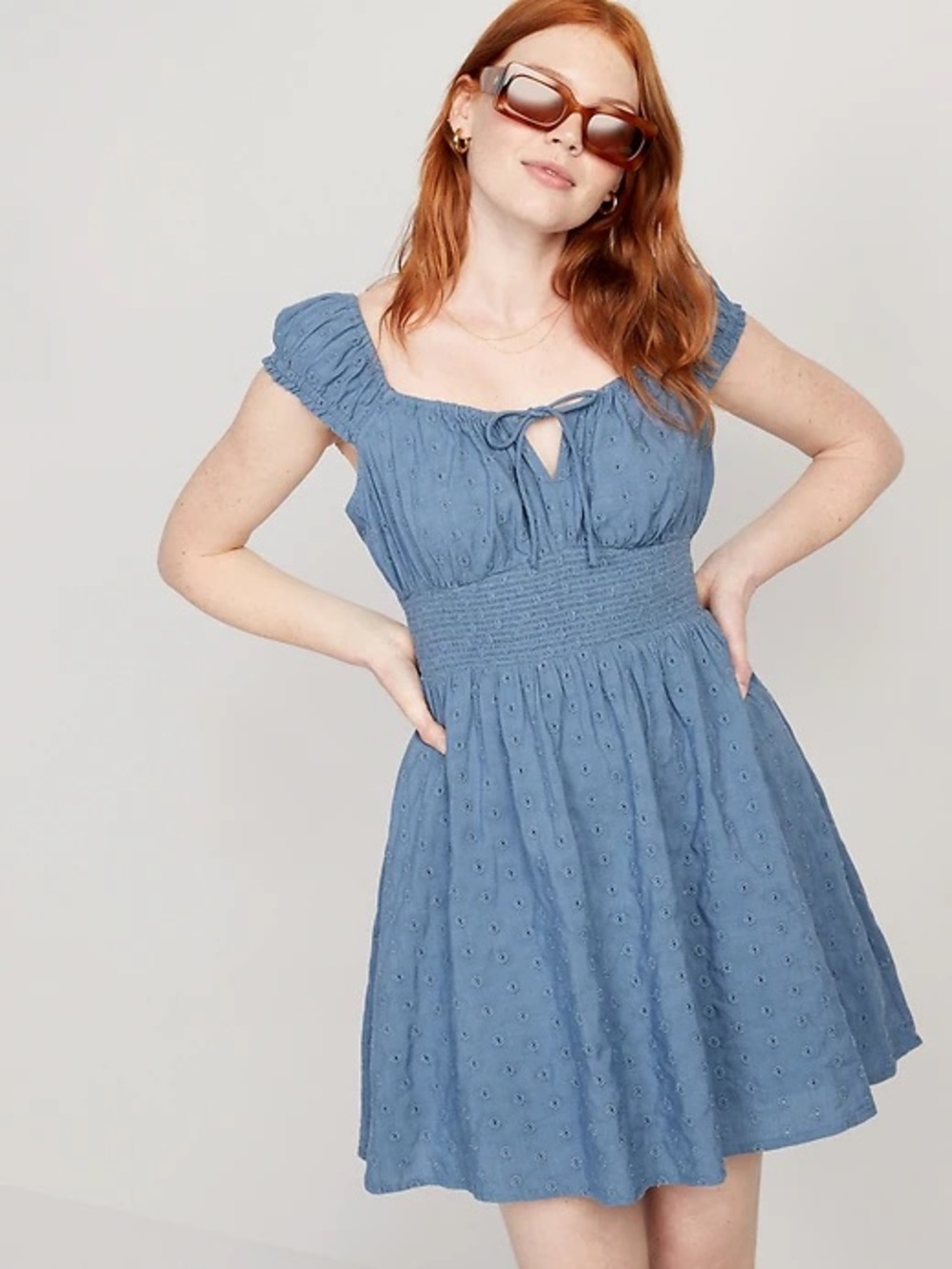 Old Navy Waist-Defined Blue Eyelet Smocked Dress